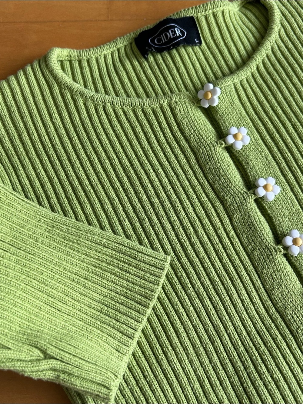 Cider Cropped, Ribbed, Short Sleeve Cardigan, Daisy Buttons, Lime Green, Size XS